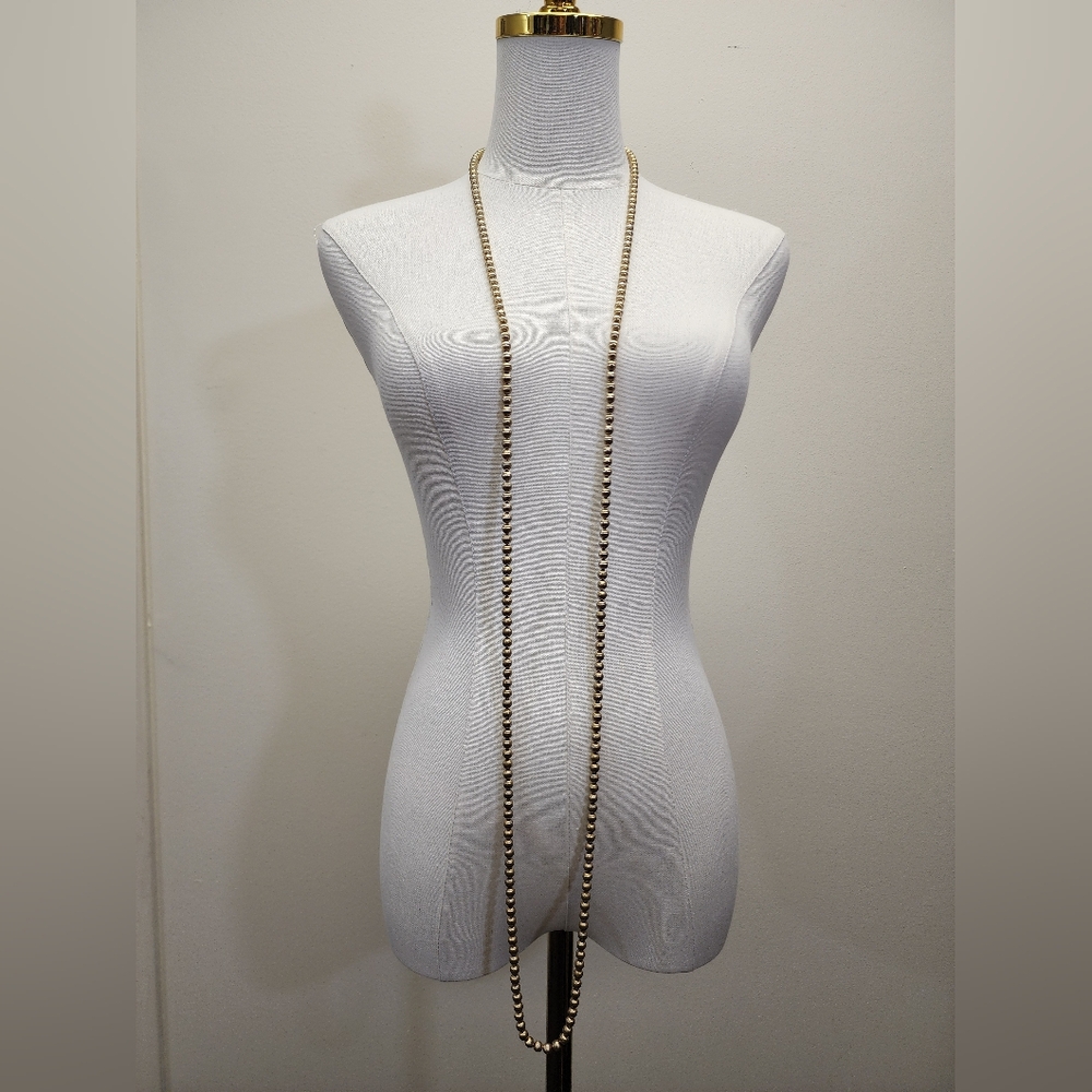 Vintage Gold Tone Ribbed Beaded Necklace Double Strand Long Heavy